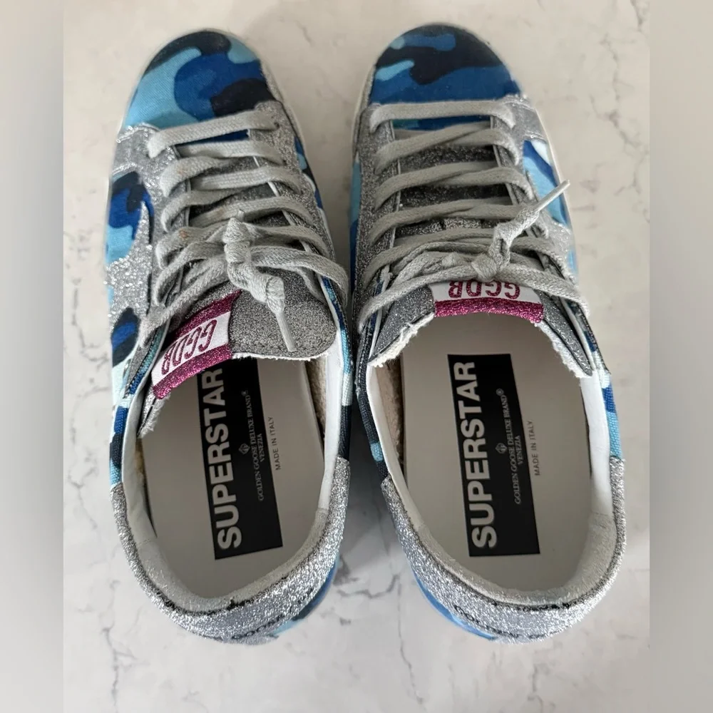 Golden Goose Blue Camo and Silver Sparkle Shoes Size 8 EUC - Picture 6 of 10
